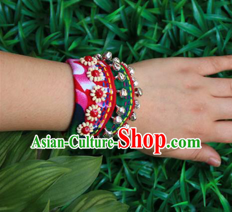 Traditional Chinese Miao Ethnic Minority Palace Jewelry Accessories Canvas Wristbands Bracelet, Hmong Handmade Bracelet Bells Chain Bracelet for Women