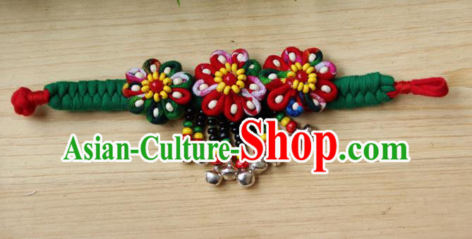 Traditional Chinese Miao Ethnic Minority Palace Jewelry Accessories Wristbands Bracelet, Hmong Handmade Bracelet Bells Chain Bracelet for Women