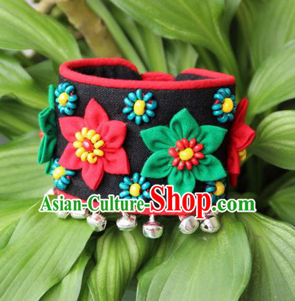 Traditional Chinese Miao Ethnic Minority Palace Jewelry Accessories Canvas Wristbands Bracelet, Hmong Handmade Bracelet Bells Chain Bracelet for Women