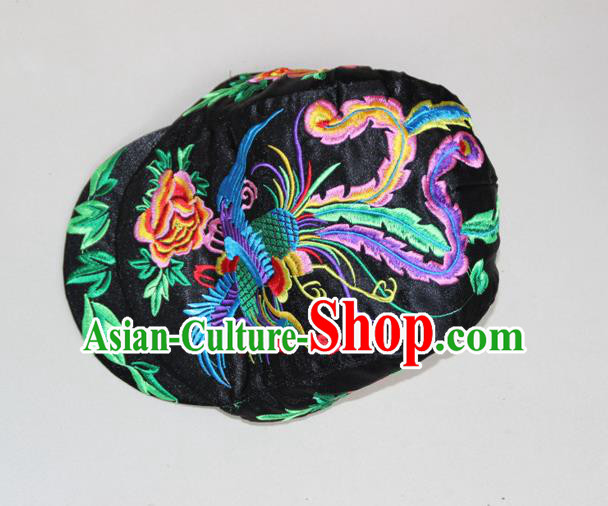 Traditional Chinese Miao Ethnic Minority Satin Cloth Embroidery Phoenix Cap, Hmong Handmade Peak Cap for Women