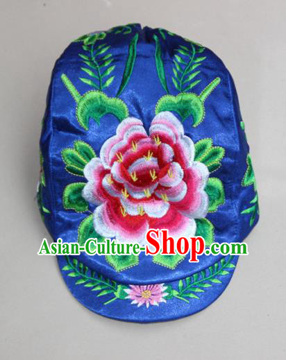 Traditional Chinese Miao Ethnic Minority Satin Cloth Embroidery Phoenix Cap, Hmong Handmade Peak Cap for Women