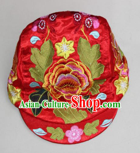 Traditional Chinese Miao Ethnic Minority Satin Cloth Embroidery Phoenix Cap, Hmong Handmade Peak Cap for Women