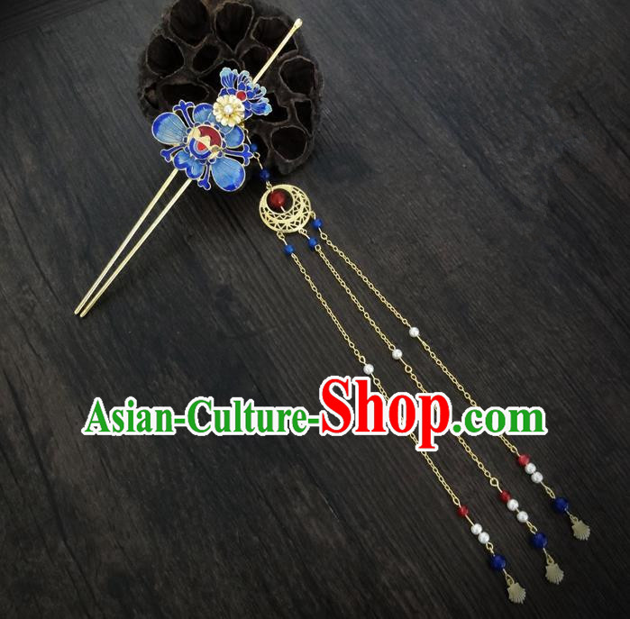 Traditional Handmade Chinese Ancient Classical Hair Accessories Barrettes Hairpin, Imperial Emperess Tassel Headdress Blueing Hair Jewellery, Hair Fascinators Hairpins for Women