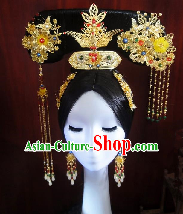 Traditional Handmade Chinese Ancient Classical Qing Dynasty Hat Accessories Bride Wedding Barrettes Imperial Emperess Phoenix Coronet, Hair Sticks Hair Jewellery, Hair Fascinators Hairpins Complete Set for Women