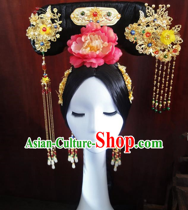 Traditional Handmade Chinese Ancient Classical Qing Dynasty Hat Accessories Bride Wedding Barrettes Imperial Emperess Phoenix Coronet, Hair Sticks Hair Jewellery, Hair Fascinators Hairpins Complete Set for Women