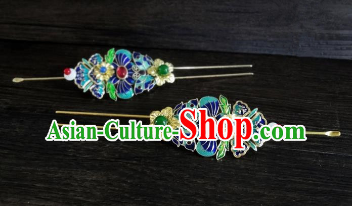 Traditional Handmade Chinese Ancient Classical Hair Accessories Barrettes Lotus Hairpin, Blueing Hair Sticks Pearl Hair Jewellery, Hair Fascinators Hairpins for Women