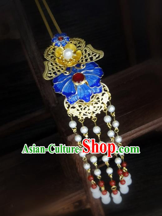 Traditional Handmade Chinese Ancient Classical Hair Accessories Barrettes Hairpin, Blueing Hair Sticks Pearl Hair Jewellery, Hair Fascinators Hairpins for Women