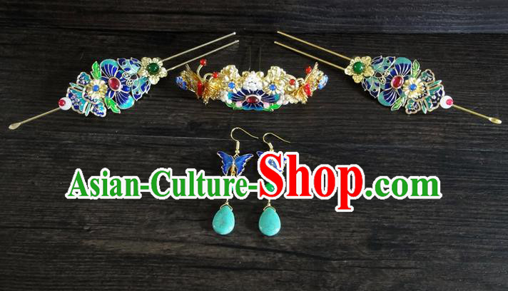 Traditional Handmade Chinese Ancient Classical Hair Accessories Barrettes Hairpin, Blueing Hair Sticks Hair Jewellery, Hair Fascinators Hairpins Complete Set for Women