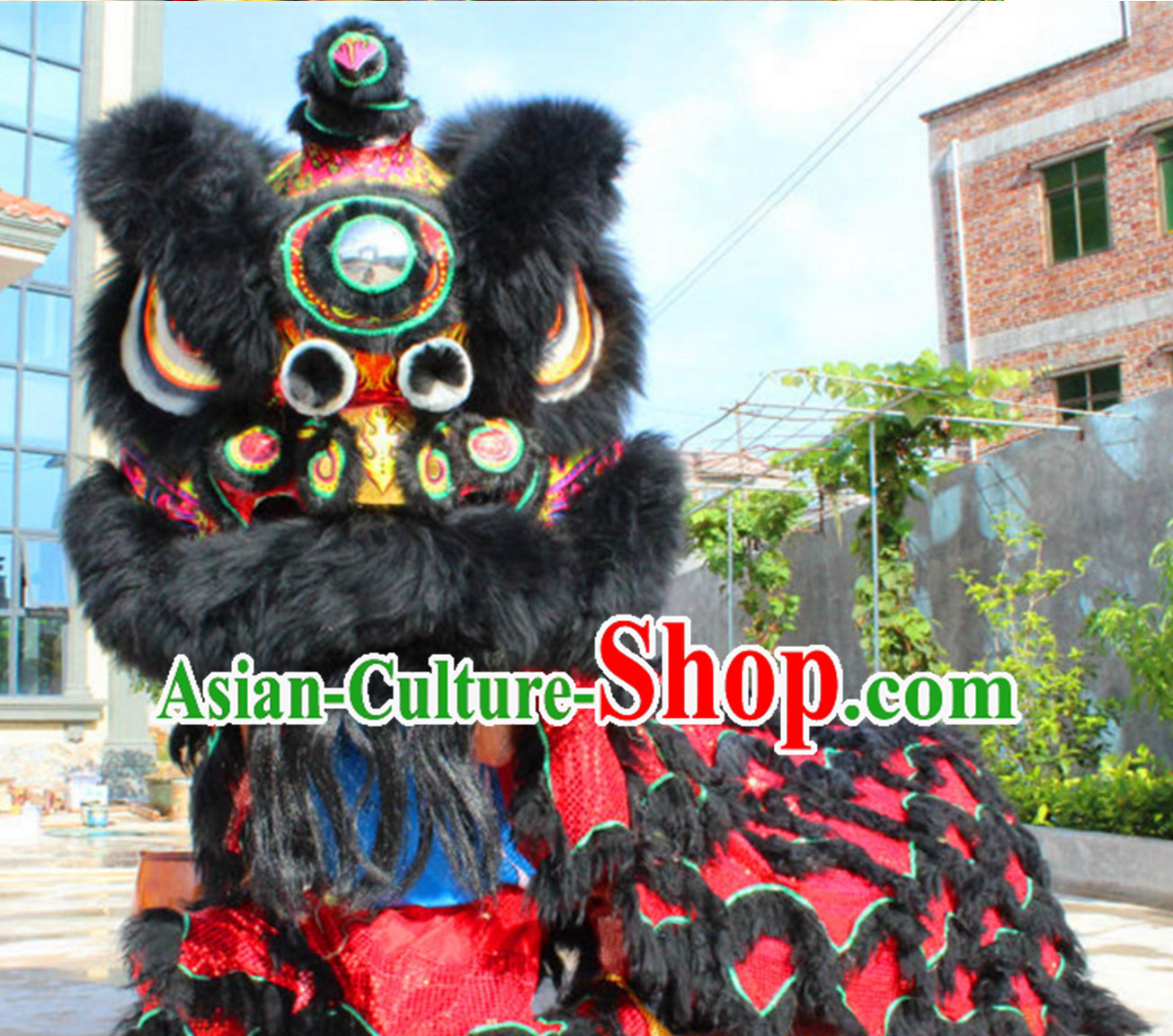 Folk Art Black Red Chinese Southern Lion Dance Costumes Complete Set