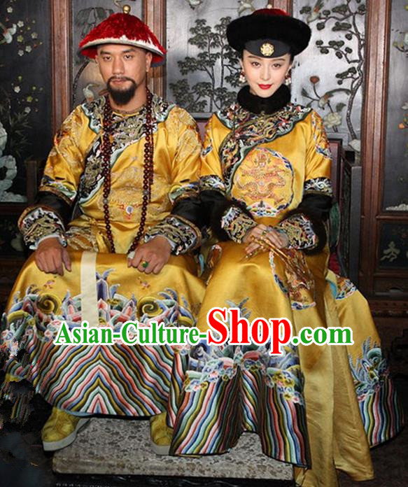 Traditional Ancient Chinese Imperial Emperess and Emperor Costume Complete Set, Chinese Qing Dynasty Manchu Wedding Dress, Cosplay Chinese Imperial Embroidered Clothing for Women for Men