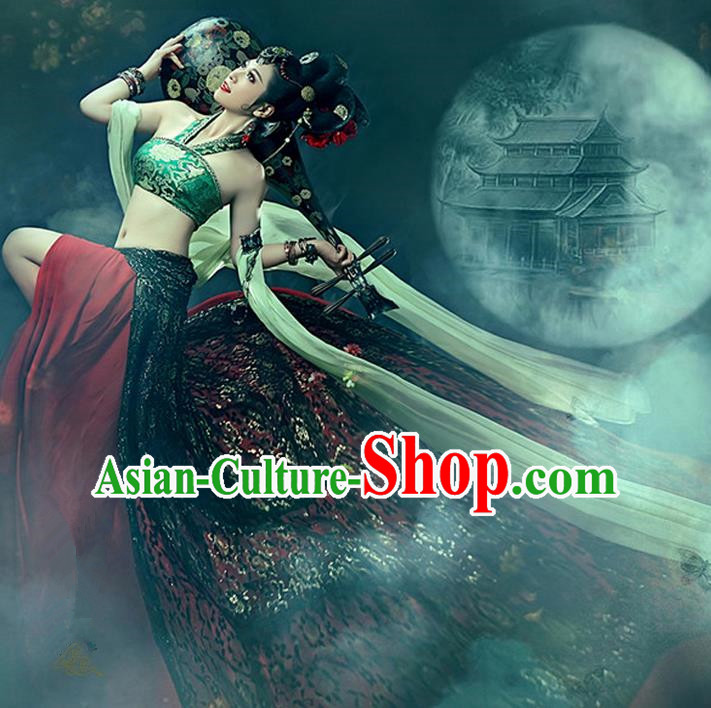 Traditional Ancient Chinese Dunhuang Flying Fairy Costume, Chinese Han Dynasty Dance Ribbon Dress, Cosplay Chinese Peri Imperial Empress Tailing Black Embroidered Clothing for Women