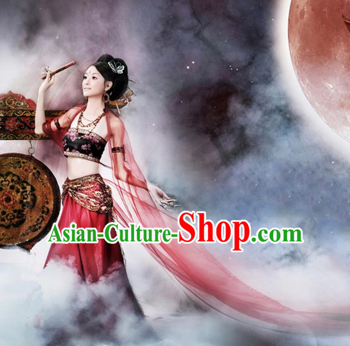 Traditional Ancient Chinese Dunhuang Flying Fairy Costume, Chinese Han Dynasty Dance Ribbon Dress, Cosplay Chinese Peri Imperial Empress Tailing Black Embroidered Clothing for Women