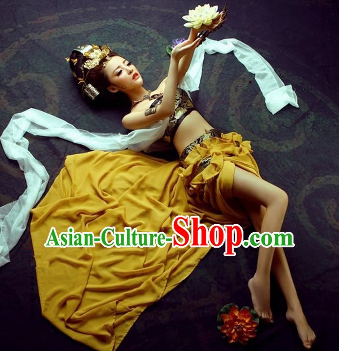 Traditional Ancient Chinese Dunhuang Flying Fairy Costume, Chinese Han Dynasty Dance Ribbon Dress, Cosplay Chinese Peri Imperial Empress Tailing Black Embroidered Clothing for Women