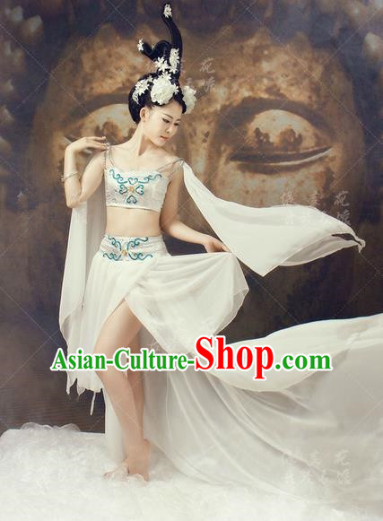 Traditional Ancient Chinese Dunhuang Flying Fairy Costume, Chinese Tang Dynasty Dance Ribbon Dress, Cosplay Chinese Peri Imperial Empress Tailing Black Embroidered Clothing for Women