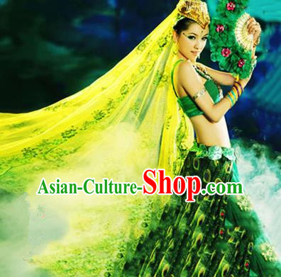 Traditional Ancient Indian Palace Sari Blue Peacock Costumes, Indian Young Lady Belly Dance Dress for Women