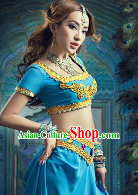Traditional Ancient Indian Palace Sari Blue Costumes, Indian Young Lady Belly Dance Dress for Women