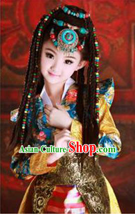 Traditional Chinese Zang Nationality Dancing Costume, Tibetan Children Folk Dance Skirt, Chinese Tibetan Minority Nationality Costume for Kids