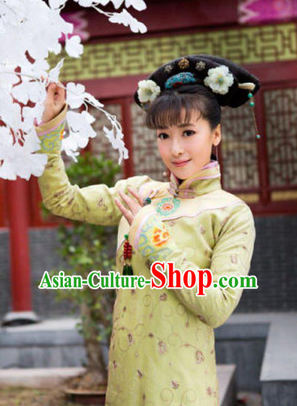 Traditional Ancient Chinese Imperial Emperess Costume, Chinese Qing Dynasty Young Lady Dress, Chinese Manchu Princess Green Clothing for Women