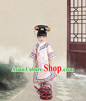 Traditional Ancient Chinese Children Costume, Chinese Qing Dynasty Manchu Little Lady Dress, Cosplay Chinese Manchu Minority Princess Embroidered Clothing for Kids