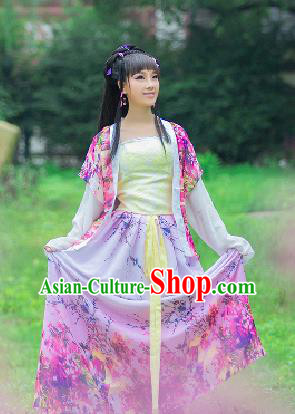 Traditional Ancient Chinese Imperial Emperess Costume, Chinese Tang Dynasty Palace Lady Dress, Cosplay Chinese Princess Printing Flowers Pink Hanfu Ru Skirt Clothing for Women