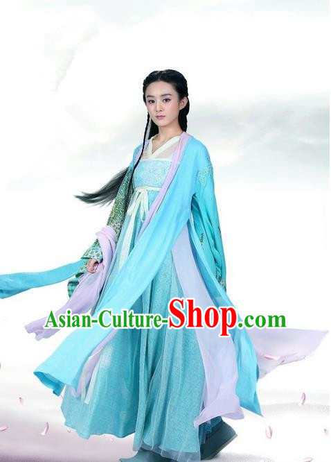 Traditional Ancient Chinese Swordswoman Costume, Chinese Han Dynasty Fairy Elegant Lace Dress, Cosplay Game Character Chinese Peri Princess Blue Clothing for Women