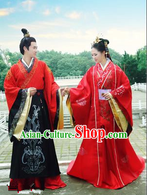Traditional Ancient Chinese Imperial Emperess and Emperor Costume Complete Set, Chinese Han Dynasty Emperess Wedding Red Dress, Chinese Emperess Emperor Embroidered Phoenix and Dragon Trailing Clothing for Women for Men