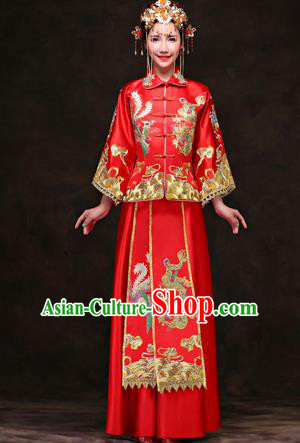 Traditional Ancient Chinese Costume Xiuhe Suits, Chinese Style Wedding Red Dress, Ancient Women Longfeng Dragon And Phoenix Flown Bride Toast Cheongsam for Women