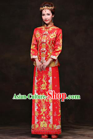 Traditional Ancient Chinese Costume Xiuhe Suits, Chinese Style Wedding Red Dress, Embroidered Dragon and Phoenix Flown Bride Toast Cheongsam for Women