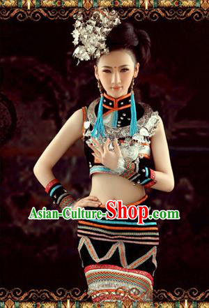 Traditional Chinese Miao Nationality Dancing Costume, Hmong Female Folk Dance Ethnic Skirt, Chinese Minority Nationality Embroidery Costume for Women