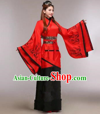 Traditional Ancient Chinese Imperial Emperess Costume, Chinese Han Dynasty Princess Dress, Cosplay Chinese Peri Concubine Embroidered Red Hanfu Clothing for Women
