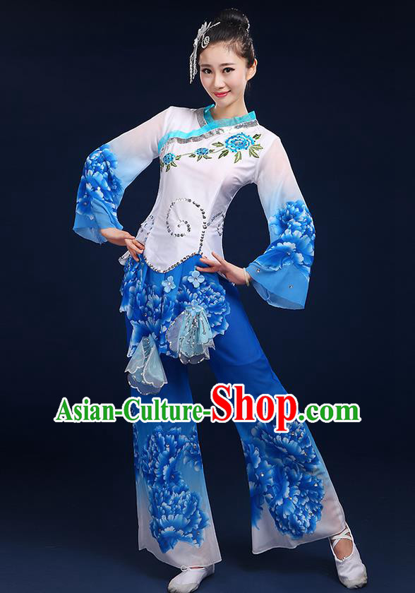 Traditional Chinese Yangge Fan Dancing Costume, Folk Dance Yangko Mandarin Sleeve Peony Painting Blouse and Pants Uniforms, Classic Umbrella Dance Elegant Dress Drum Dance Blue Clothing for Women