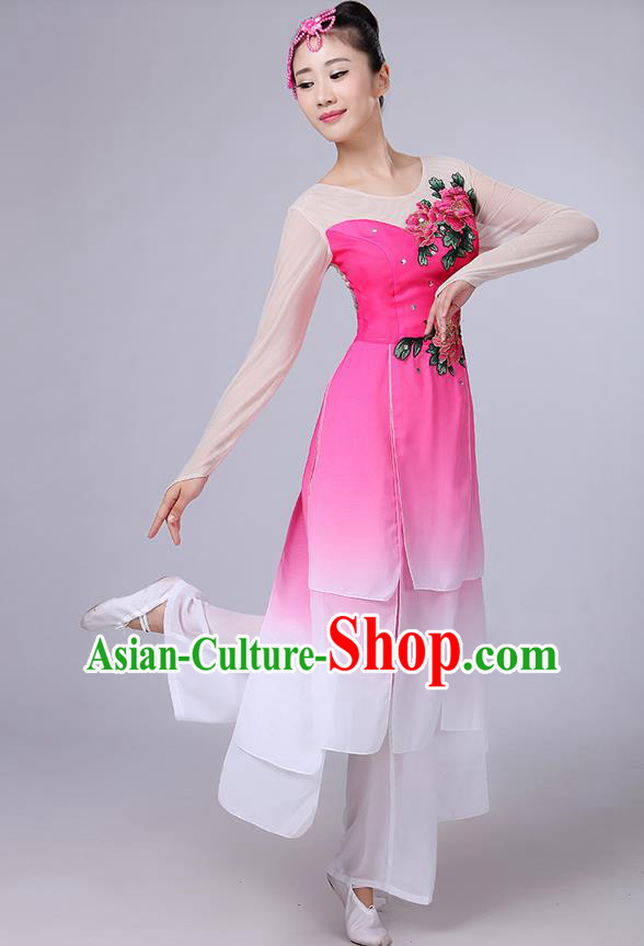Traditional Chinese Yangge Fan Dancing Costume, Folk Dance Yangko Uniforms, Classic Umbrella Dance Elegant Dress Drum Dance Peony Pink Clothing for Women