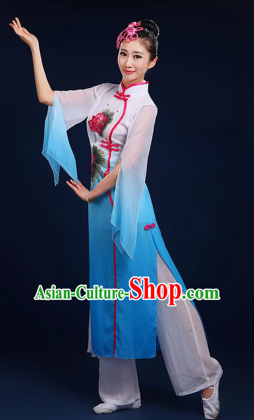 Traditional Chinese Yangge Fan Dancing Costume, Folk Dance Yangko Uniforms, Classic Umbrella Lotus Dance Elegant Dress Drum Dance Blue Clothing for Women