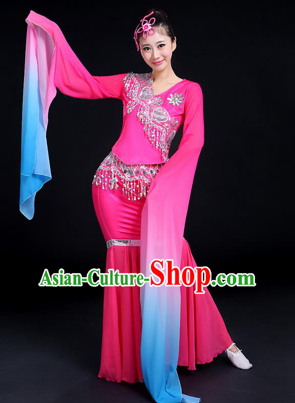 Traditional Chinese Yangge Fan Dancing Costume, Folk Dance Yangko Gradient Water Sleeve Uniforms, Classic Umbrella Dance Elegant Dress Drum Dance Clothing for Women