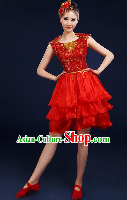 Traditional Chinese Modern Dancing Compere Costume, Women Opening Classic Chorus Singing Group Dance Paillette Bubble Uniforms, Modern Dance Classic Dance Red Short Dress for Women