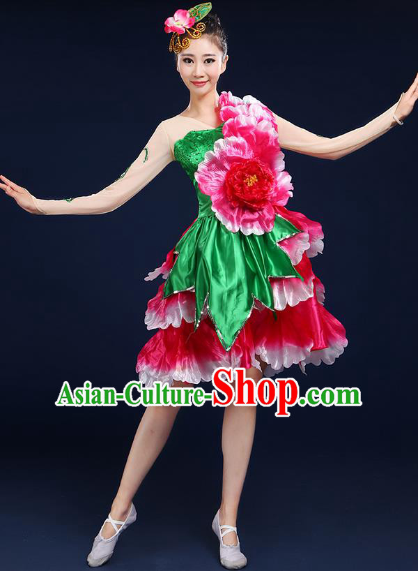 Traditional Chinese Modern Dancing Compere Costume, Women Opening Classic Chorus Singing Group Dance Flowers Peony Bubble Uniforms, Modern Dance Classic Dance Short Dress for Women