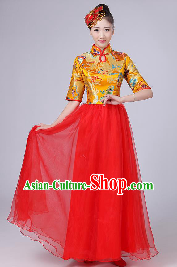 Traditional Chinese Style Modern Dancing Compere Costume, Women Opening Classic Chorus Singing Group Dance Satin Dragon Uniforms, Modern Dance Classic Dance Gold Cheongsam Dress for Women