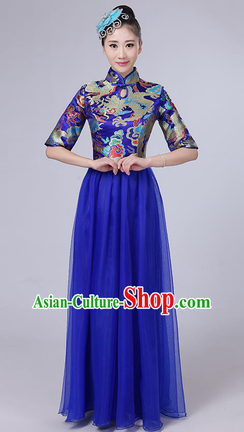 Traditional Chinese Style Modern Dancing Compere Costume, Women Opening Classic Chorus Singing Group Dance Satin Dragon Uniforms, Modern Dance Classic Dance Blue Cheongsam Dress for Women