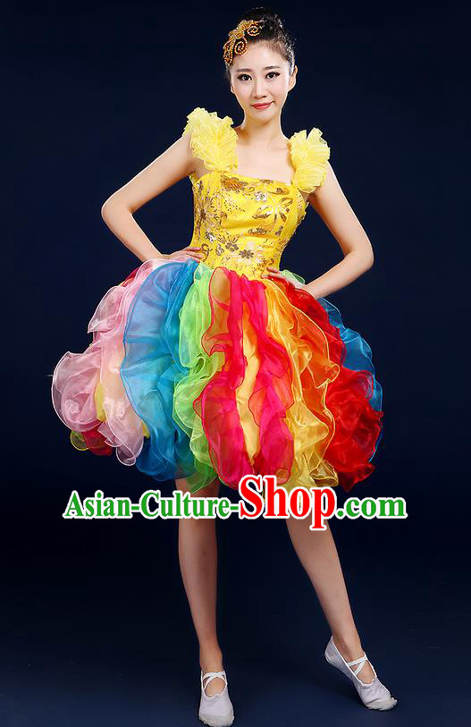 Traditional Chinese Modern Dancing Compere Costume, Women Opening Classic Chorus Singing Group Dance Flowers Bubble Uniforms, Modern Dance Classic Dance Short Dress for Women