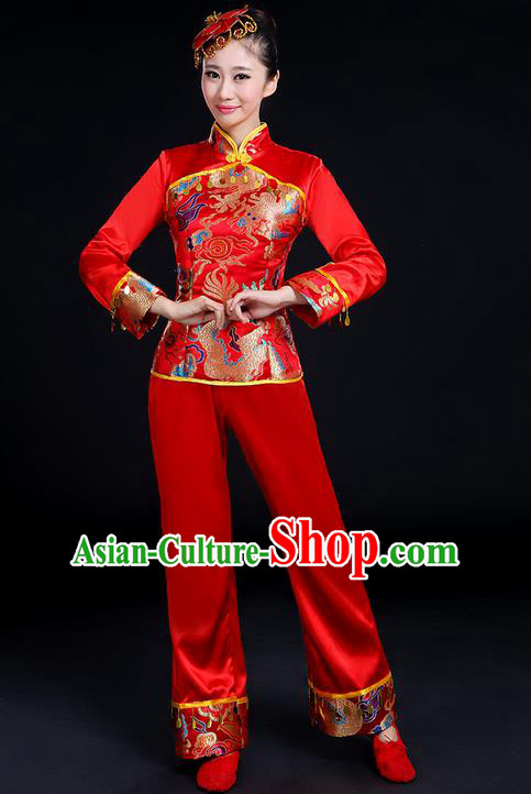 Traditional Chinese Yangge Fan Dancing Costume, Folk Dance Yangko Uniforms, Classic Umbrella Dance Elegant Dress Drum Dance Satin Red Clothing for Women