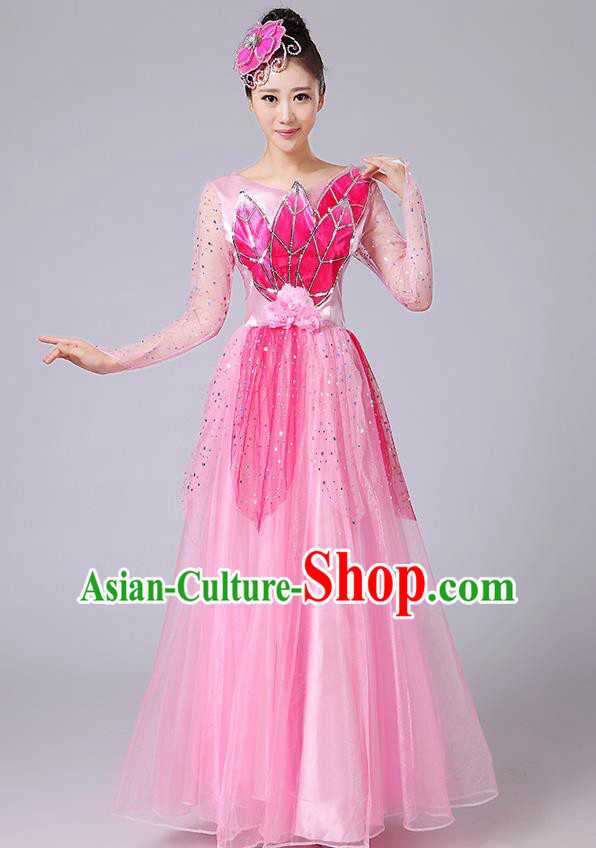 Traditional Chinese Style Modern Dancing Compere Costume, Women Opening Classic Chorus Singing Group Dance Uniforms, Modern Dance Classic Dance Pink Long Big Swing Dress for Women