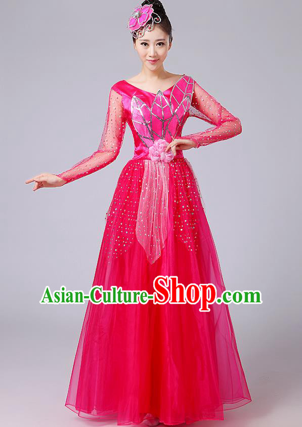 Traditional Chinese Style Modern Dancing Compere Costume, Women Opening Classic Chorus Singing Group Dance Uniforms, Modern Dance Classic Dance Rose Long Big Swing Dress for Women