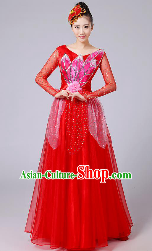 Traditional Chinese Style Modern Dancing Compere Costume, Women Opening Classic Chorus Singing Group Dance Uniforms, Modern Dance Classic Dance Red Long Big Swing Dress for Women