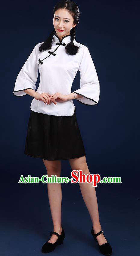 Traditional Chinese Style Modern Dancing Compere Costume, Women Opening Chorus Singing Group Classic Dance May 4th Movement Students Uniforms, Modern Dance Classic Dance White Blouse and Skirt for Women