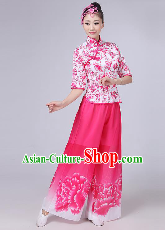 Traditional Chinese Yangge Fan Dancing Costume, Folk Dance Yangko Mandarin Collar Peony Painting Blouse and Pants Uniforms, Classic Dance Elegant Dress Drum Dance Pink Clothing for Women