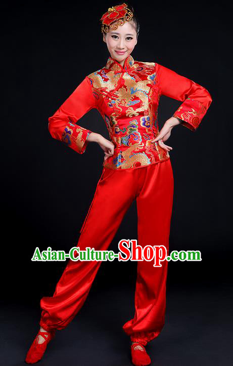 Traditional Chinese Yangge Fan Dancing Costume, Folk Dance Yangko Mandarin Collar Embroidered Dragon Blouse and Pants Uniforms, Classic Dance Elegant Dress Drum Dance Red Clothing for Women