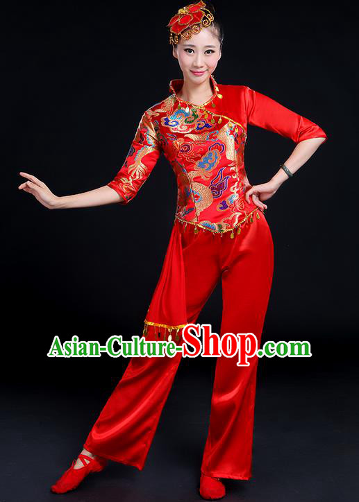 Traditional Chinese Yangge Fan Dancing Costume, Folk Dance Yangko Mandarin Collar Embroidered Dragon Blouse and Pants Uniforms, Classic Dance Elegant Dress Drum Dance Red Clothing for Women