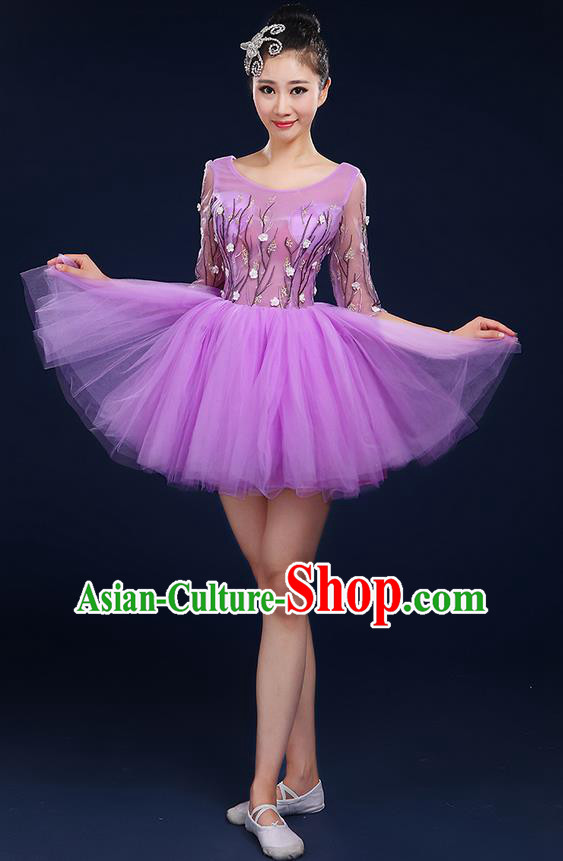 Traditional Chinese Modern Dancing Compere Costume, Women Opening Classic Dance Chorus Singing Group Bubble Uniforms, Modern Dance Classic Dance Big Swing Purple Short Dress for Women