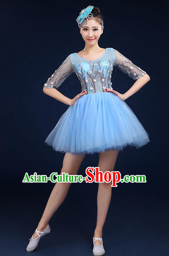 Traditional Chinese Modern Dancing Compere Costume, Women Opening Classic Dance Chorus Singing Group Bubble Uniforms, Modern Dance Classic Dance Big Swing Blue Short Dress for Women