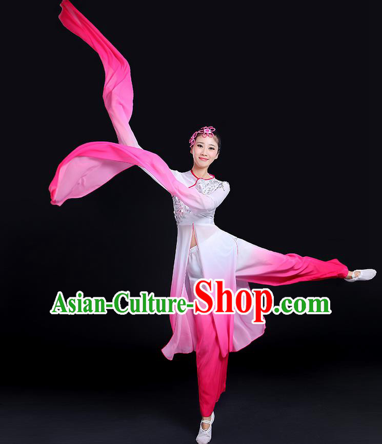 Traditional Chinese Yangge Fan Dancing Costume, Folk Dance Yangko Gradient Water Sleeve Paillette Uniforms, Classic Umbrella Dance Elegant Dress Drum Dance Clothing for Women